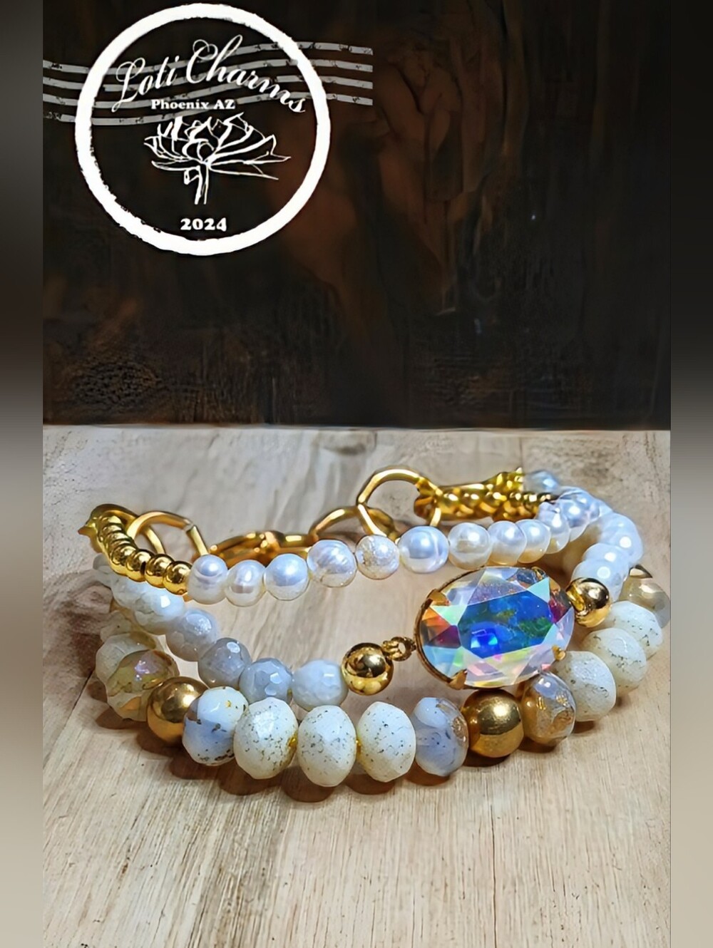 White Mystic Moonstone, Pearls & Glass In Three Strand Gold Plated Bracelet